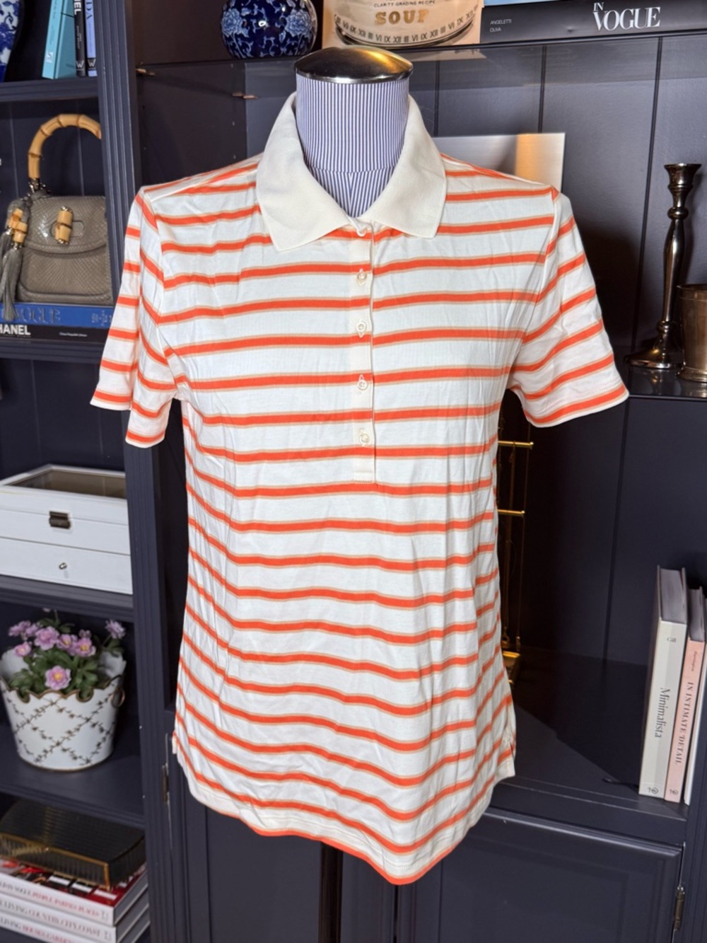 NWT Lands' End Striped Cotton Polo Shirt – White & Orange – Size M